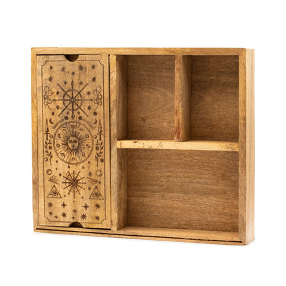 Tarotbox mit vier Fächern und Kartenhalter.