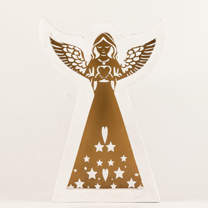 Ángel de madera de mango - acabado lavado blanco con recorte decorativo de hierro - 22 cm