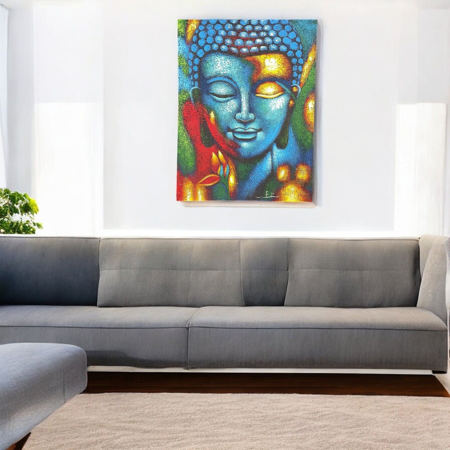 Pintura de Buda - Flor azul y dorada