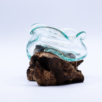 Bol ondulé en verre fusionné sur bois 18 cm