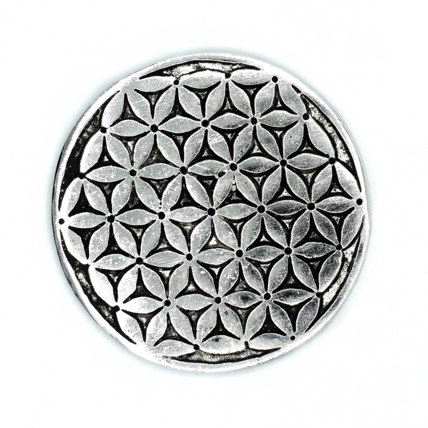 Blume des Lebens Räucherstäbchenhalter, poliertes Aluminium, 11 cm