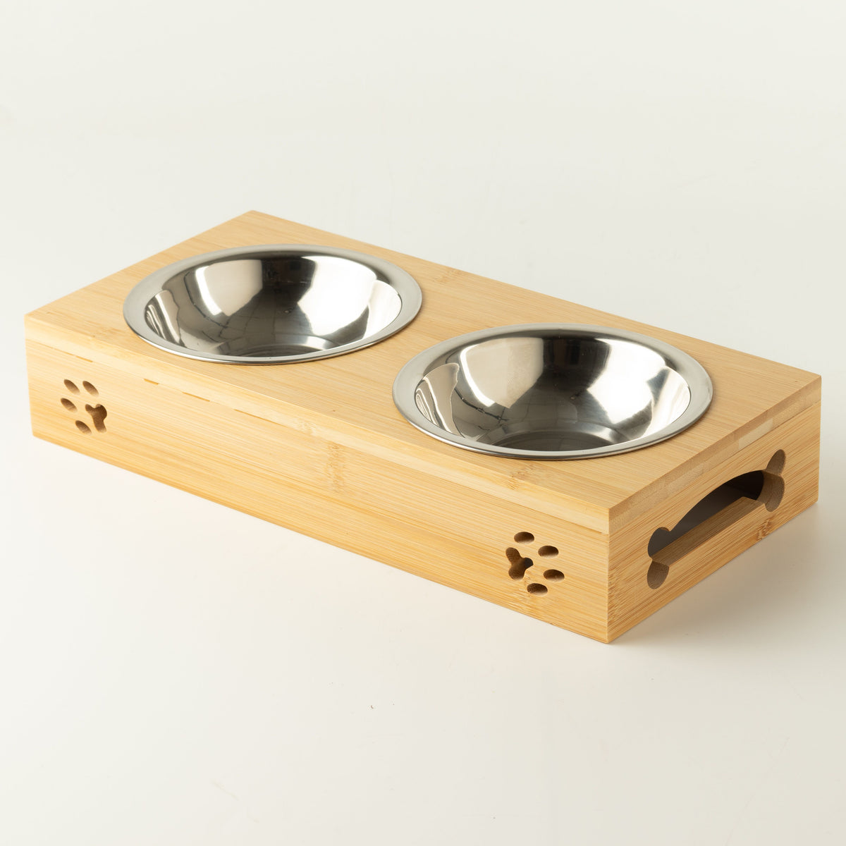 PAW Cuencos para comida - Doble acero inoxidable en soporte de madera - 2x12cm