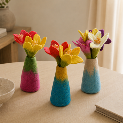 Jarrones de flores de fieltro – Conjunto de 3 diseños variados
