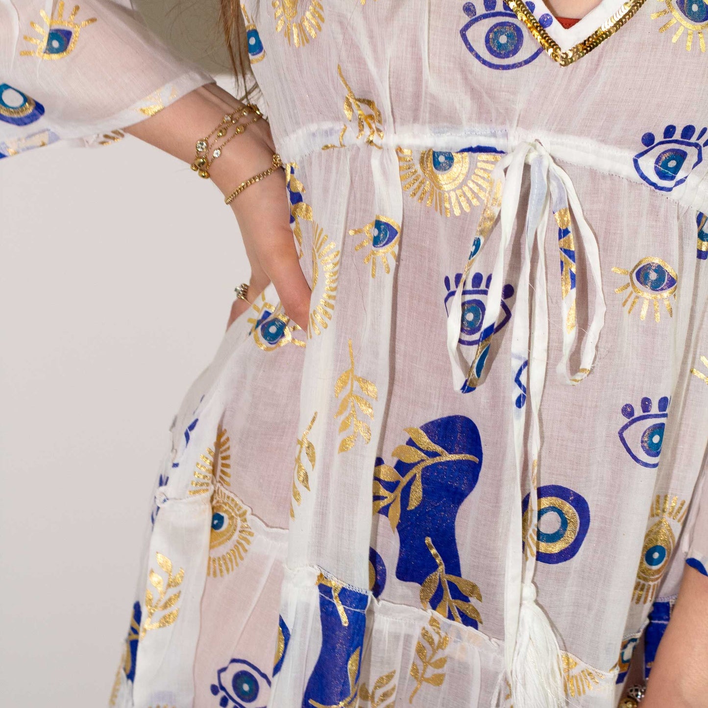 Vestido Sari Nomad Mal de Ojo Blanco Azul Dorado (talla LXL)