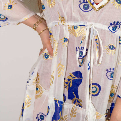 Vestido Sari Nomad Mal de Ojo Blanco Azul Dorado (talla LXL)