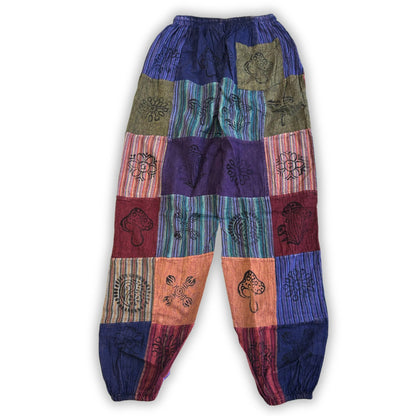 Nomaden-Sari – Pilzhose – Blockdruck-Designs – Lilatöne L/XL