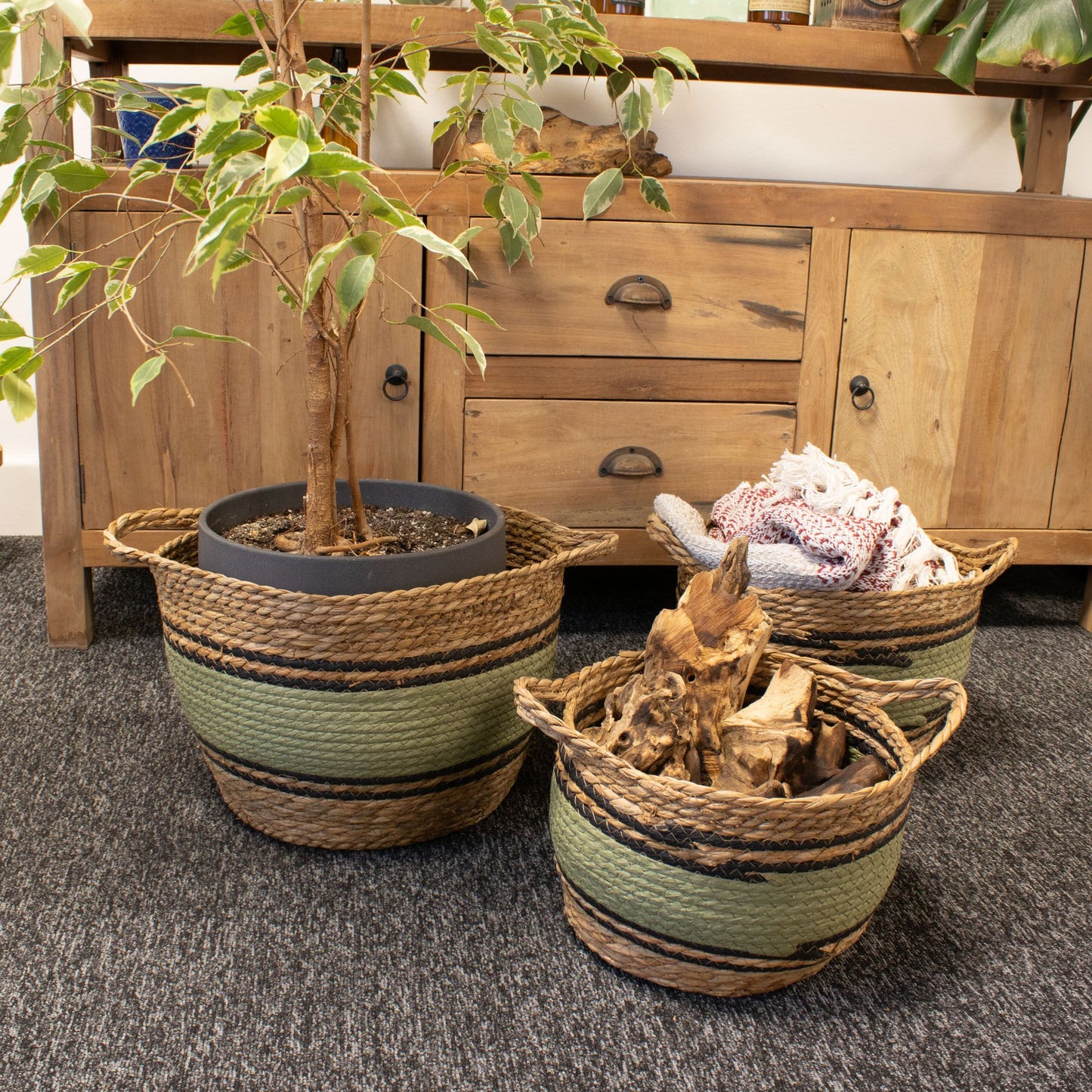 Große Baumwoll- und Seegraskörbe – Natur, Schwarz und Grün – 3er-Set