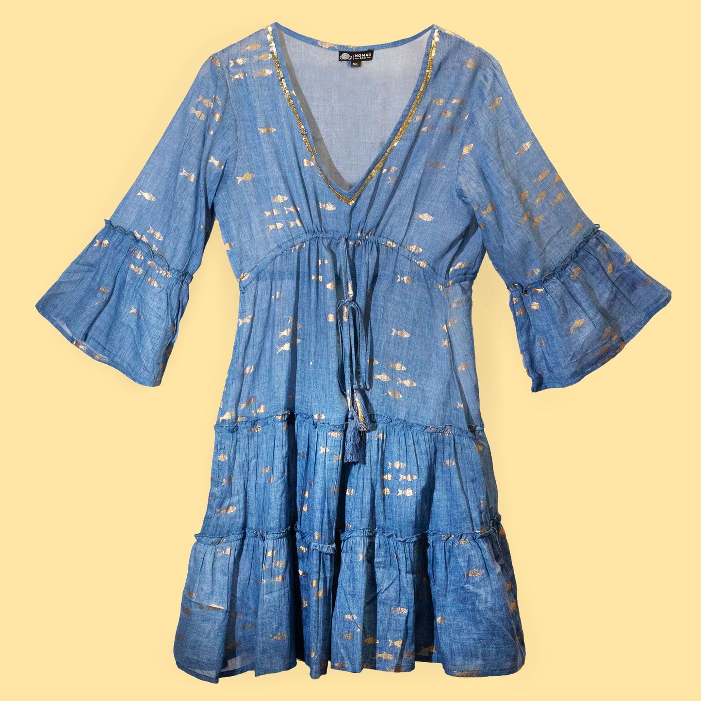 (LXL) Nomad Sari-Kollektion – Kleid – Marineblaues und goldenes Fischdesign