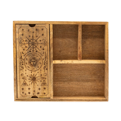 Tarotbox mit vier Fächern und Kartenhalter.