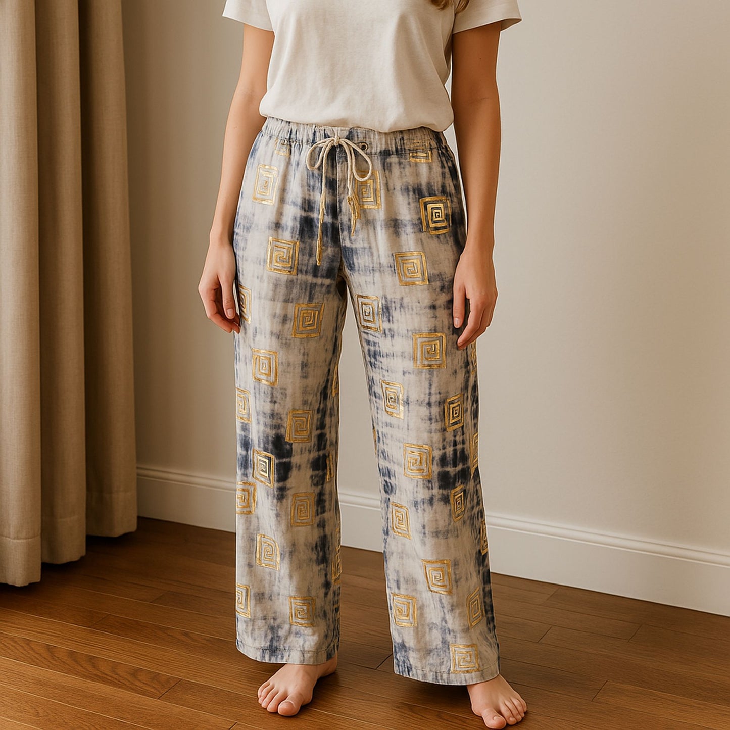 (ML) Collection Nomad Sari méditerranéen - Pantalon - Motif grec en or et bleu