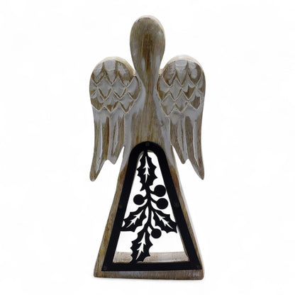 Ángel de madera de mango - Encalado con decoración de hierro recortado - 18 cm