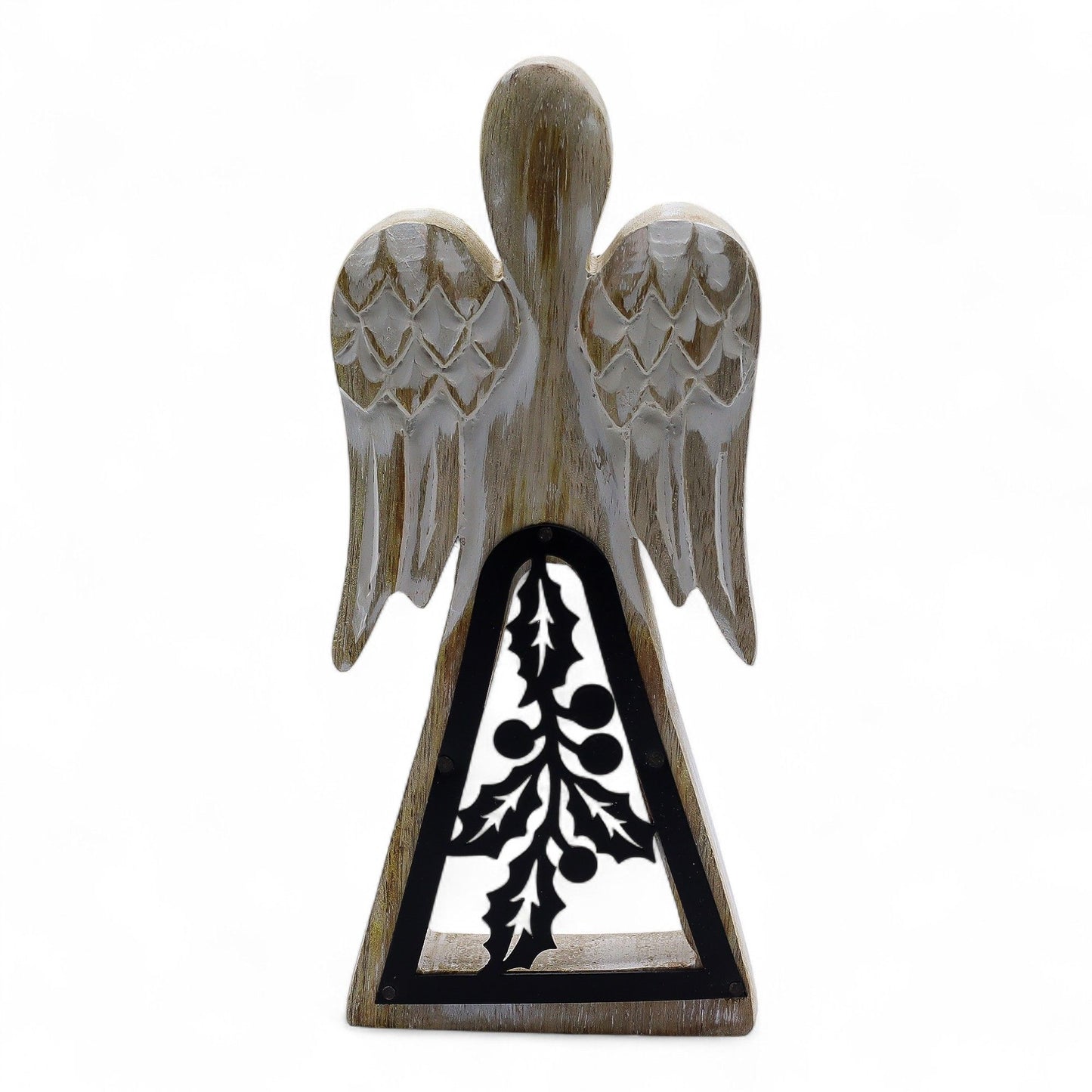 Ángel de madera de mango - Encalado con decoración de hierro recortado - 18 cm