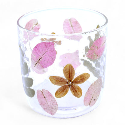 Bougeoir droit en verre avec fleurs naturelles - Printemps - (8x8cm)