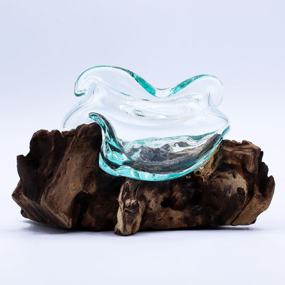 Bol ondulé en verre fusionné sur bois 18 cm