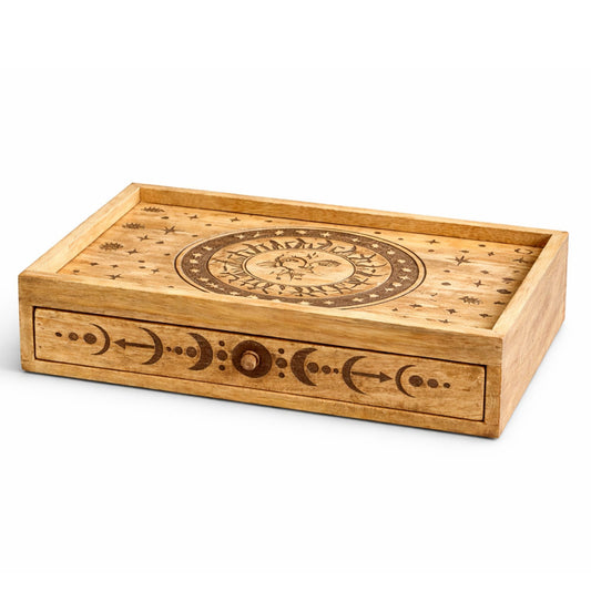 Geschnitzte Tarot-Box mit Sonne und Mond und Schublade
