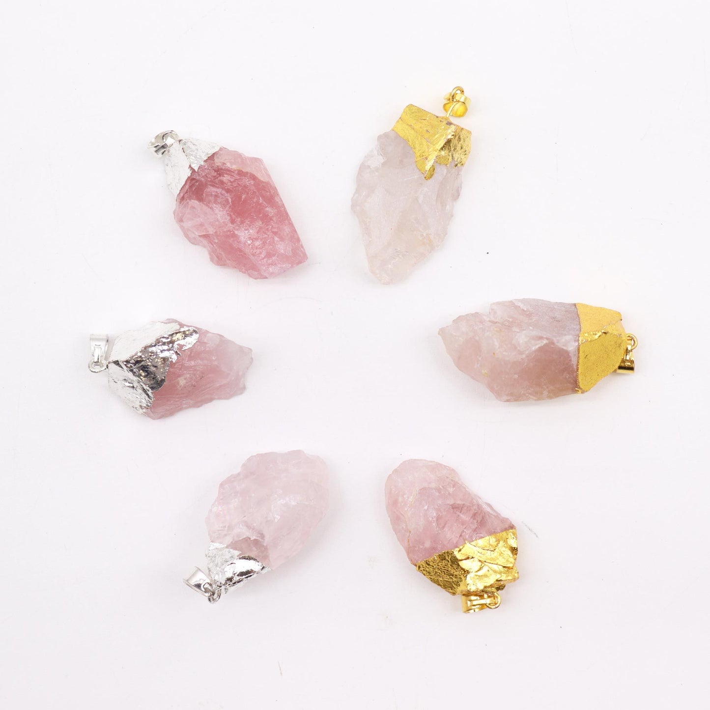 Pendentifs en quartz rose plaqués or et argent (6 pièces assorties)