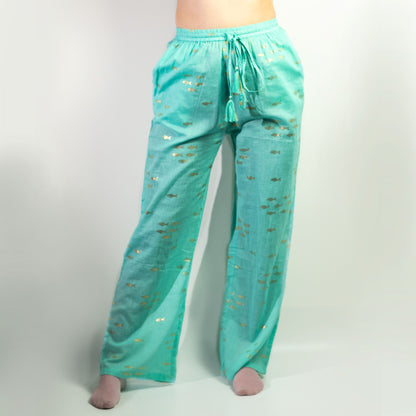 (ML) Collection Nomad Sari méditerranéen - Pantalon - Motif poisson turquoise et doré