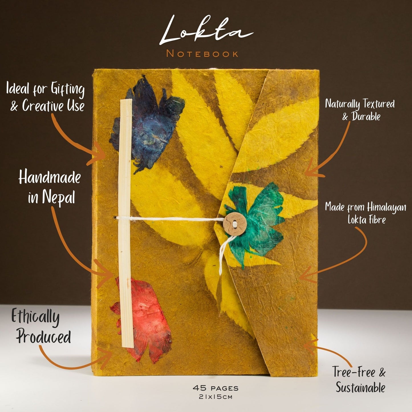 Carnet Lokta « bold floral » – Grand (21x15cm) – 45 feuilles – Marque-page inclus – Olive