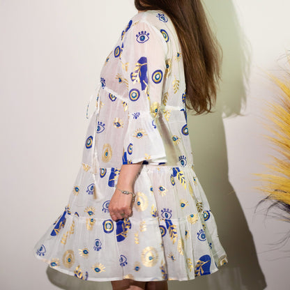 (LXL) Collection Nomad Sari - Robe - Motif Mauvais Œil Blanc, Bleu et Or