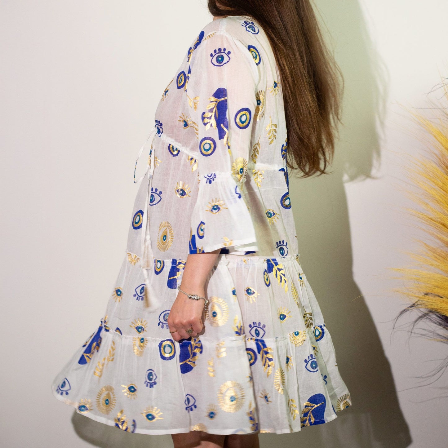 Vestido Sari Nomad Mal de Ojo Blanco Azul Dorado (talla ML)