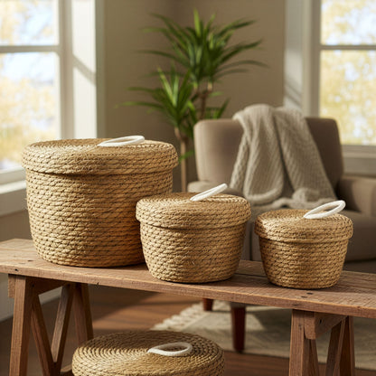 Runde Körbe aus Seegras und Baumwolle mit Deckeln – Natur – 3er Set