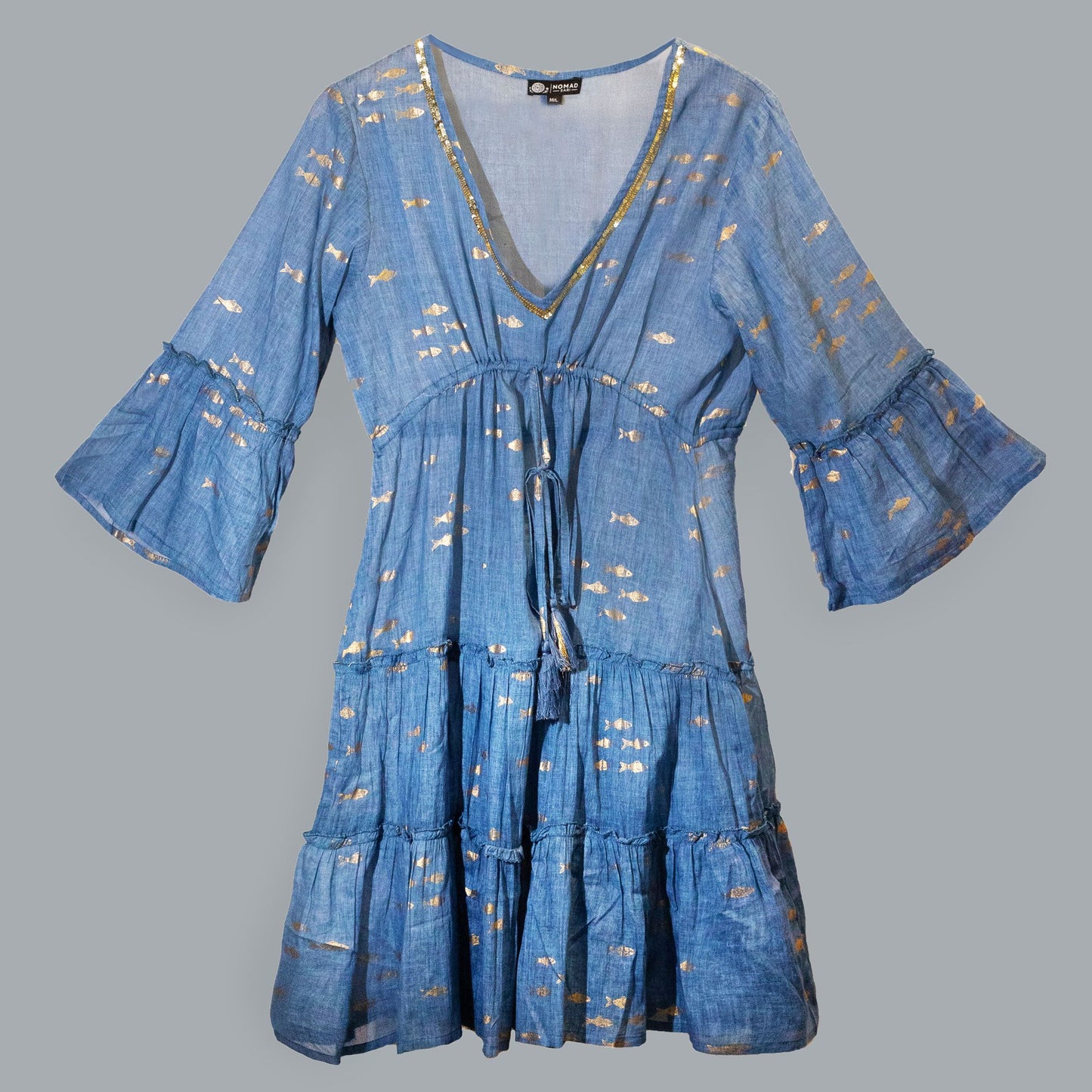 (LXL) Collection Nomad Sari - Robe - Motif poisson bleu marine et doré