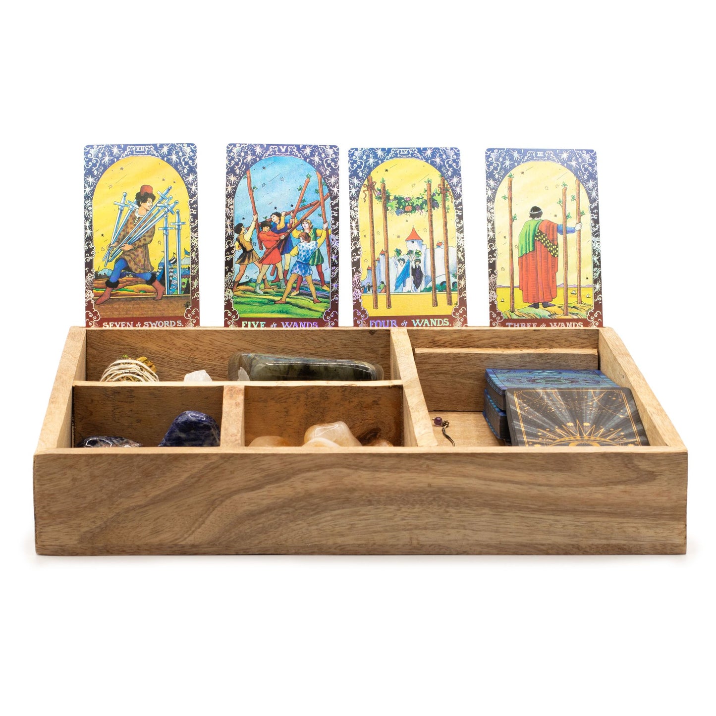Tarotbox mit vier Fächern und Kartenhalter.