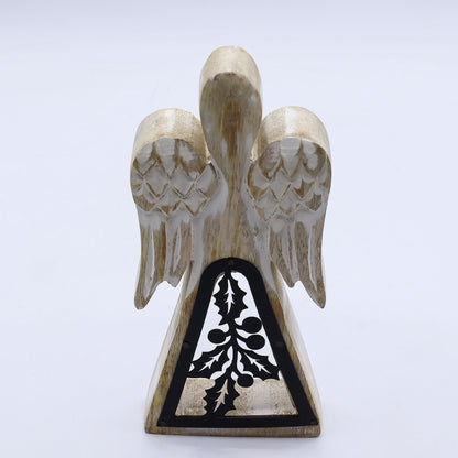 Ángel de madera de mango - Encalado con decoración de hierro recortado - 18 cm