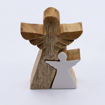 Ángel de madera de mango en ángel - Esmalte blanco - 15 cm