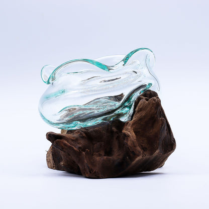 Bol ondulé en verre fusionné sur bois 18 cm