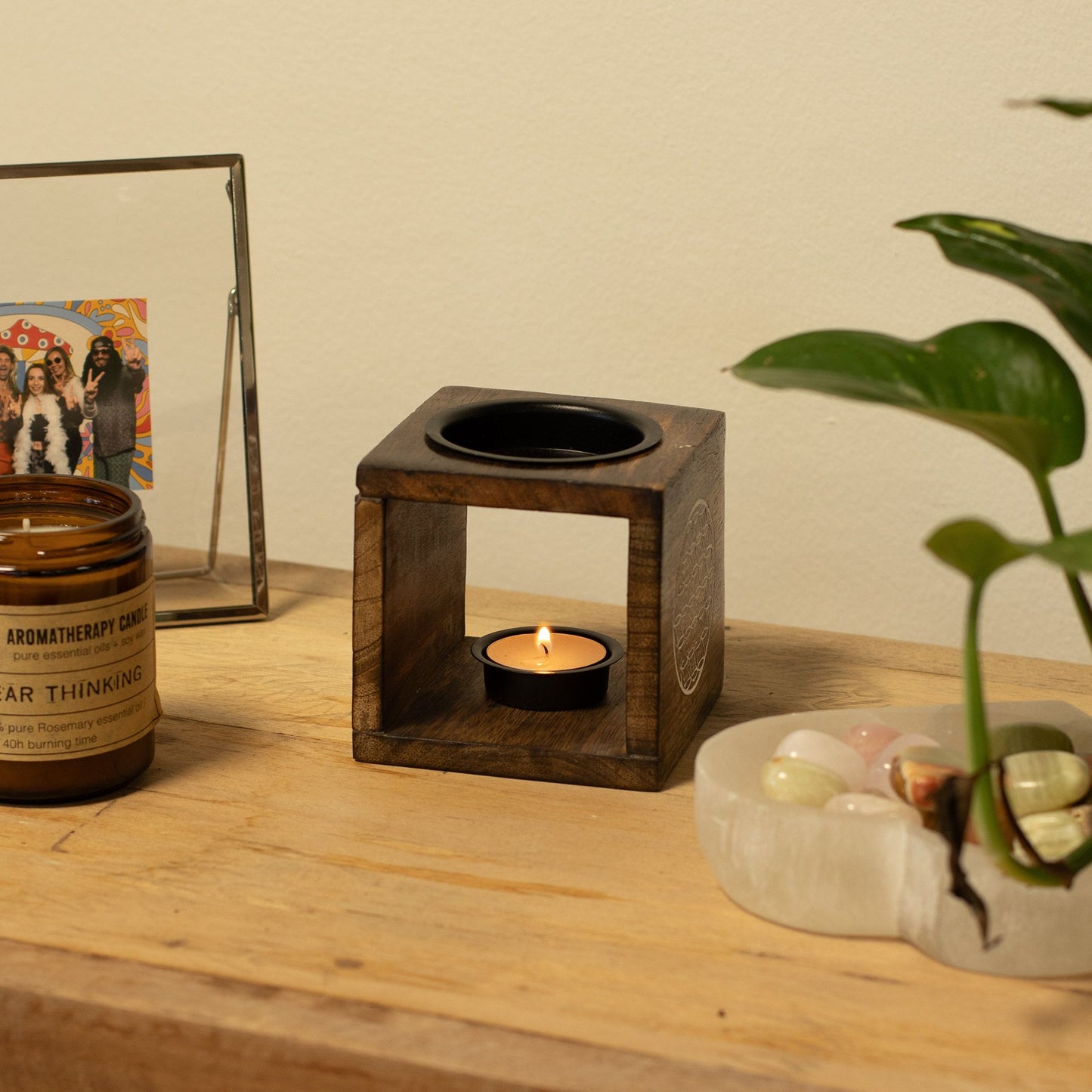 Großer quadratischer Ölbrenner aus Mangoholz – Buddha-Gesicht