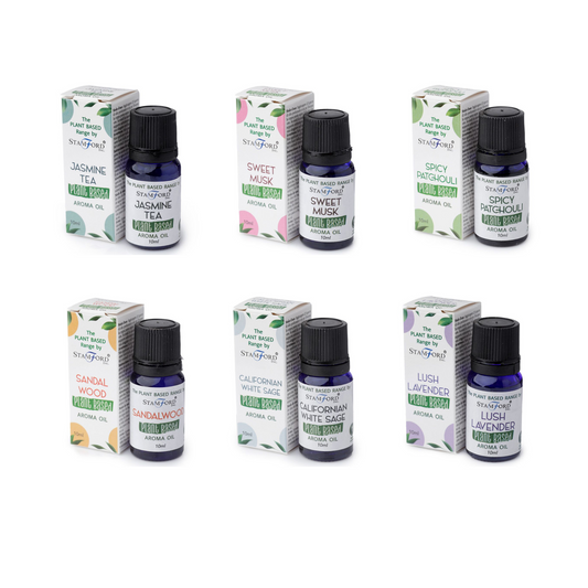 Lot de 6 huiles aromatiques à base de plantes assorties : sauge blanche de Californie, thé au jasmin, lavande luxuriante, bois de santal, patchouli, musc doux