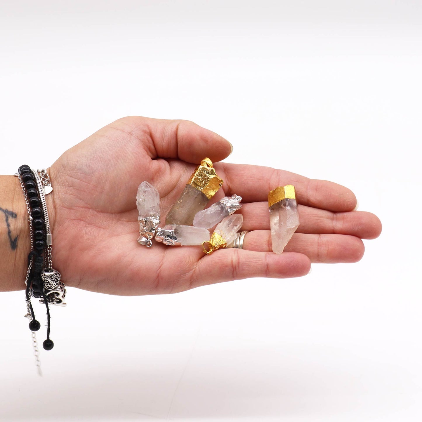 Pendentifs en quartz clair plaqués or et argent (6 pièces assorties)