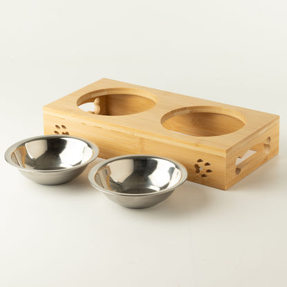 PAW Cuencos para comida - Doble acero inoxidable en soporte de madera - 2x12cm