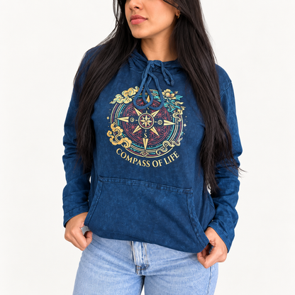 Camisa con capucha pequeña lavada a la piedra con bolsillo canguro - Brújula de la vida azul