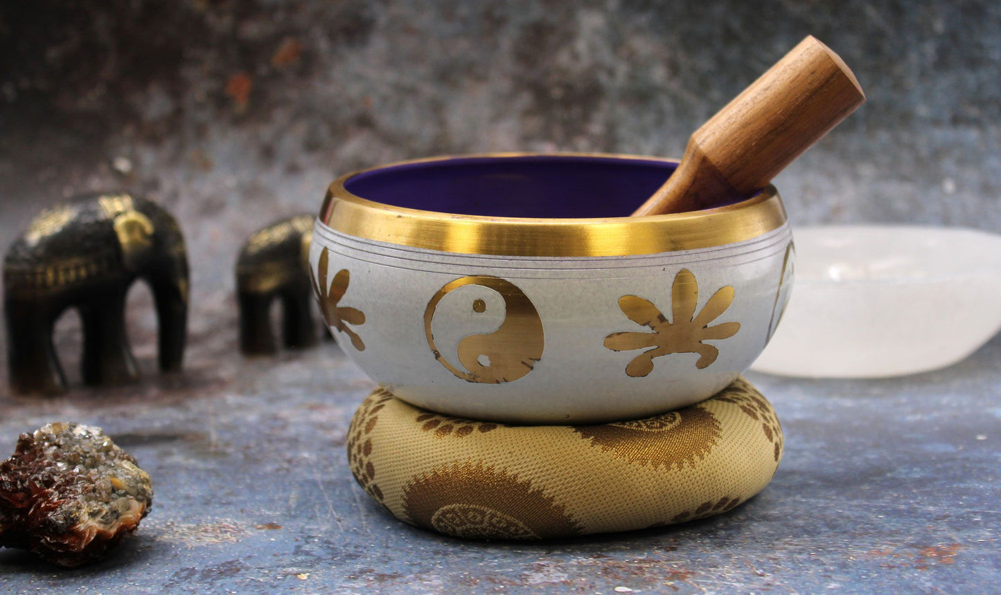 Grand ensemble de bols chantants tibétains - Yin et Yang - Blanc/Violet 14 cm