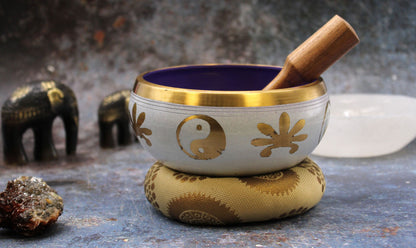 Grand ensemble de bols chantants tibétains - Yin et Yang - Blanc/Violet 14 cm