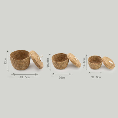 Runde Körbe aus Seegras und Baumwolle mit Deckeln – Natur – 3er Set