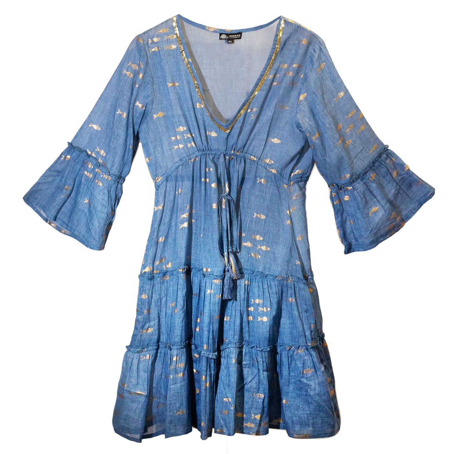 (ML) Collection Nomad Sari - Robe - Motif poisson bleu marine et doré