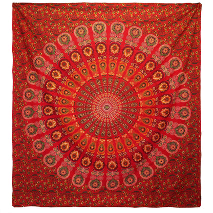 Colcha Doble de Algodón + Colgante de Pared - Pavo Real Mandala - Rojo