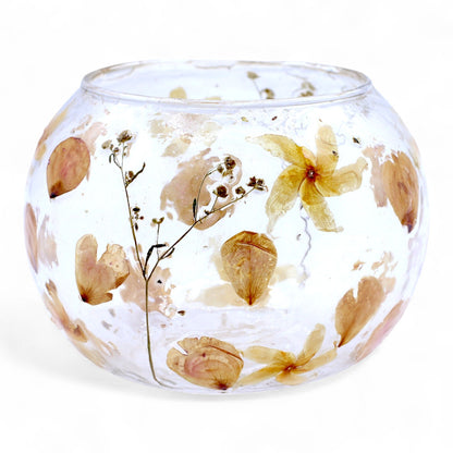 Bougeoir en verre à motif floral naturel - Grand bol rose - (12 x 13 cm)