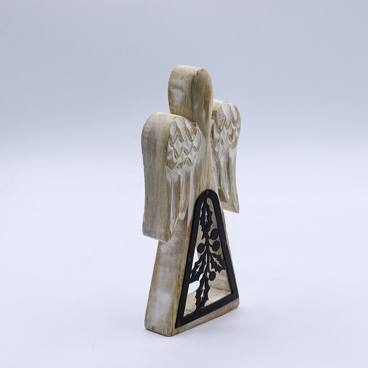 Ángel de madera de mango - Encalado con decoración de hierro recortado - 18 cm