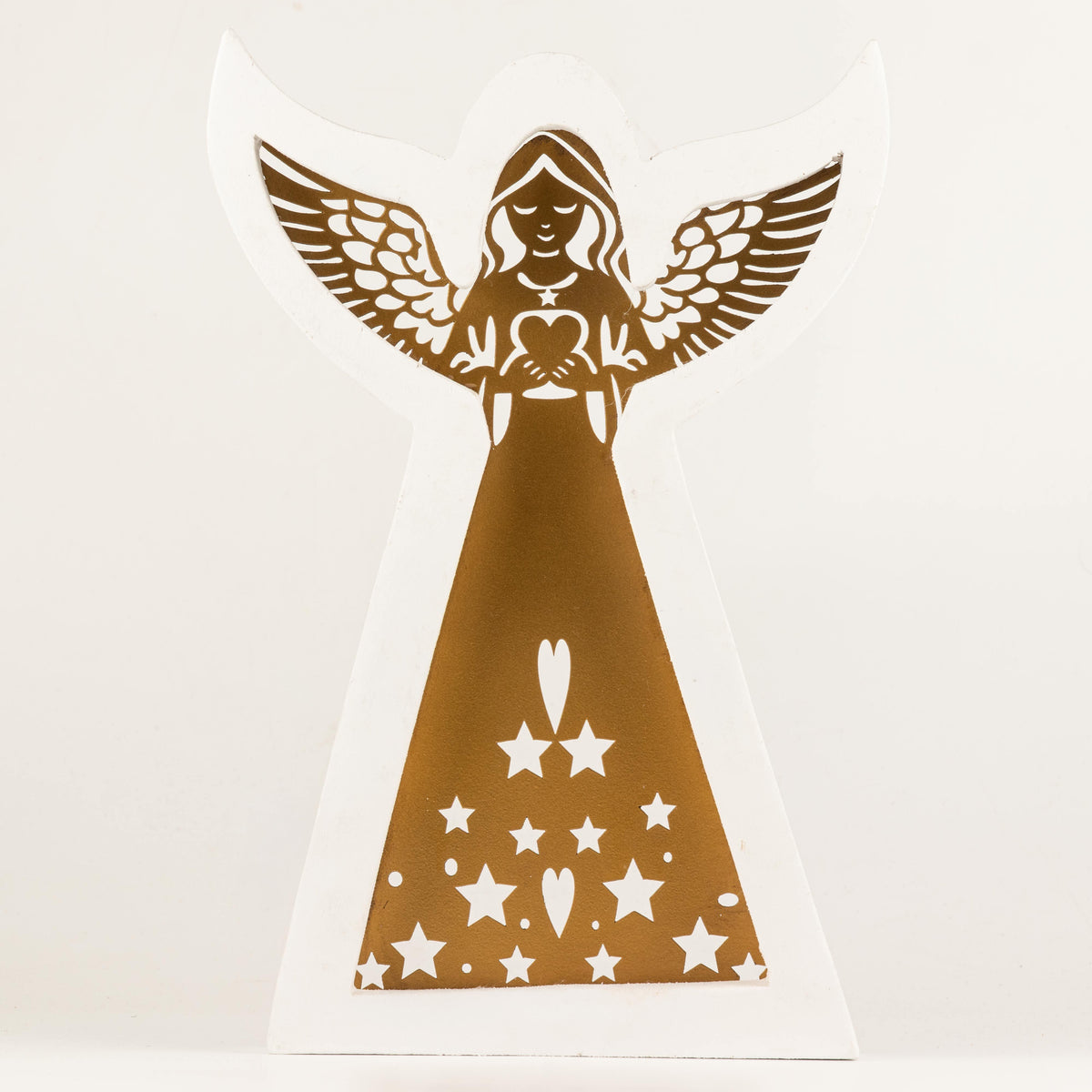 Ángel de madera de mango - acabado lavado blanco con recorte decorativo de hierro - 39 cm