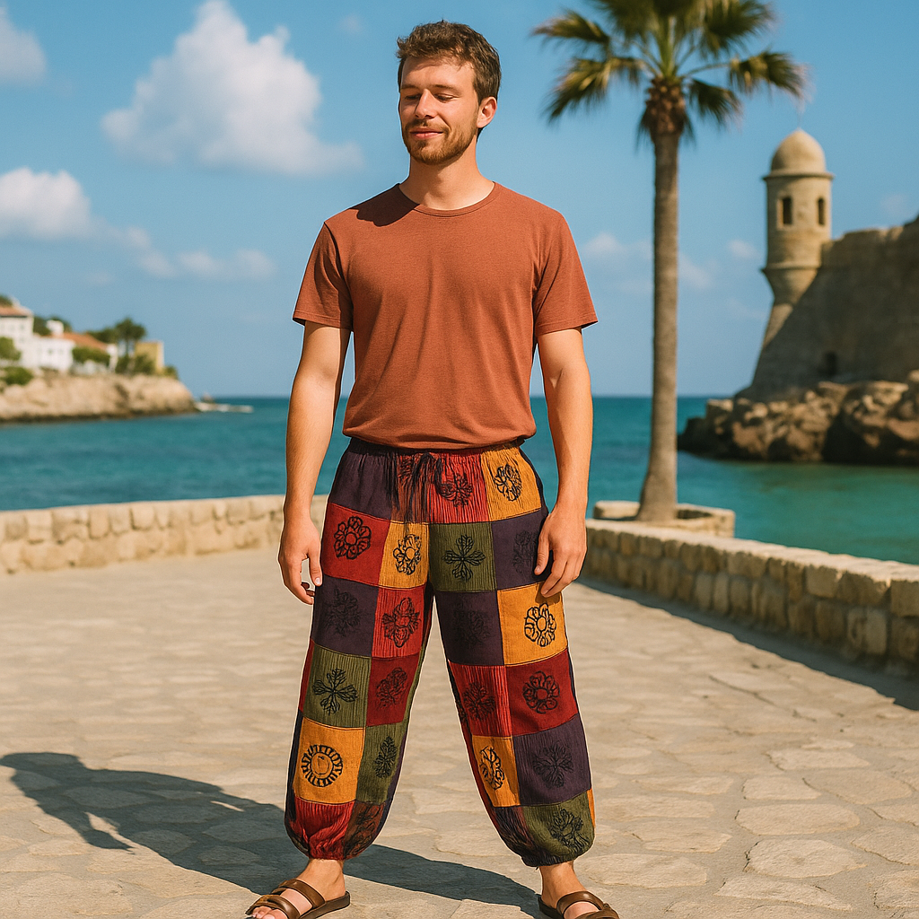 Nomaden-Sari – Pilzhose – Blockdruck-Designs – Orangetöne (110 x 120 cm) L/XL