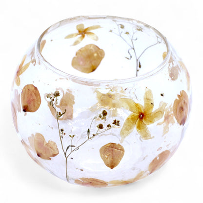 Bougeoir en verre à motif floral naturel - Grand bol rose - (12 x 13 cm)