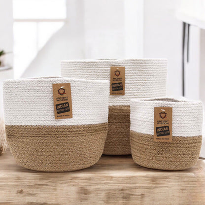 Grand panier en coton et jute 25x25cm Blanc