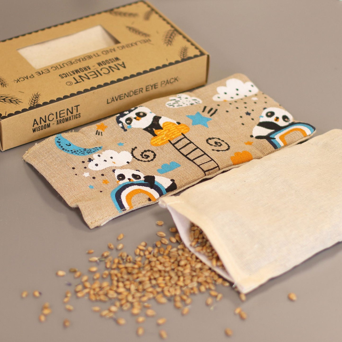 Almohada para los ojos de algodón natural lavanda y juco en caja de regalo - Panda Soñoliento