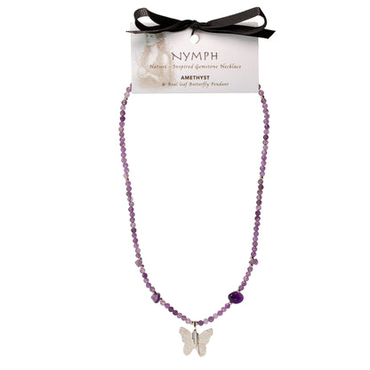 Collar de amatista con gema y colgante de mariposa hecho de hoja real