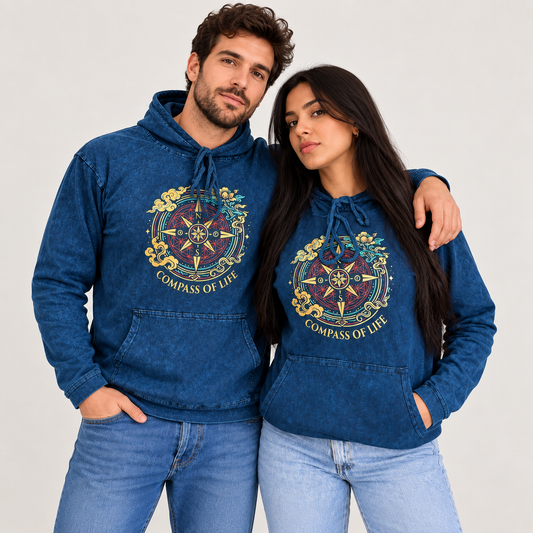 Camisa con capucha grande lavada a la piedra con bolsillo canguro - Brújula de la vida azul