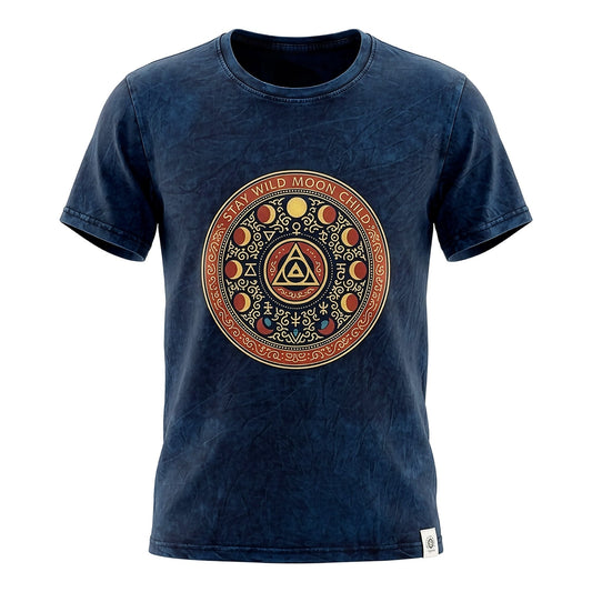 Nomad Sari Stone Washed T-Shirt aus Baumwolle – Stay Wild Moon Child – Blau – Groß